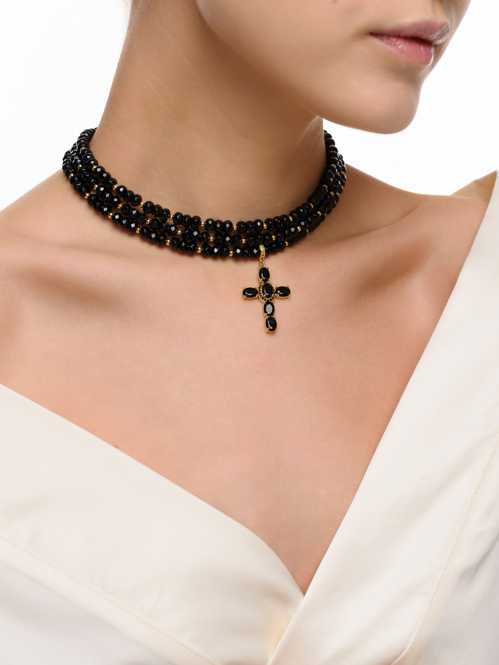 Колье "Black Cross" из черного агата Gold