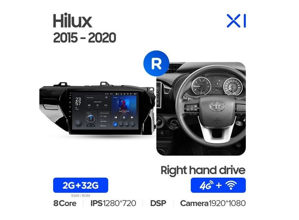 Магнитола Teyes X1 2-32 Wi-Fi + 4G Toyota Hilux Pick Up AN120 2015 — 2020 (правый руль) 10.2&quot;