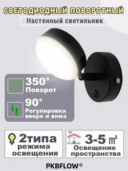 PKBFLOW Светильник настенный,с выключателем, трехцветный свет, 220V, черный