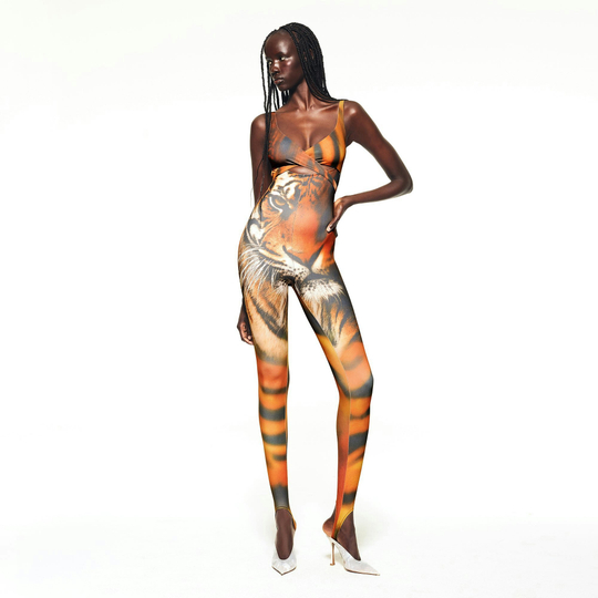 SKIMS X ROBERTO CAVALLI ОБЛЕГАЮЩИЙ КОМБИНЕЗОН, ТИГРОВЫЙ ПРИНТ