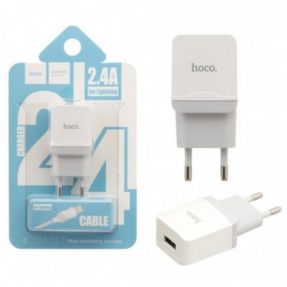 Сетевой адаптер питания HOCO C22A 2USB 2.4A + кабель Lightning (белый)