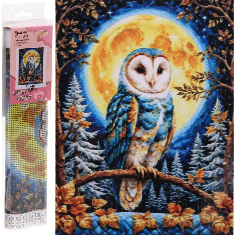 Алмазная мозаика в рулоне 30*40см полная выкладка «DIAMOND», Сова и Луна