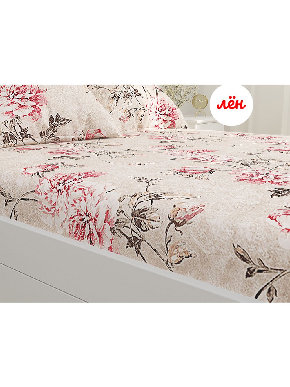 Простынь на резинке Сказка "Пионы на льне" 90х200 см , лён