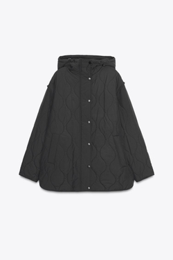 ZARA СТЕГАНАЯ КУРТКА С КАПЮШОНОМ, ЧЕРНЫЙ