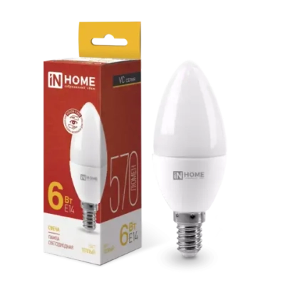 Лампа светодиодная LED-СВЕЧА-VC 6Вт 230В Е14 3000К ТЕПЛЫЙ 570Лм IN HOME