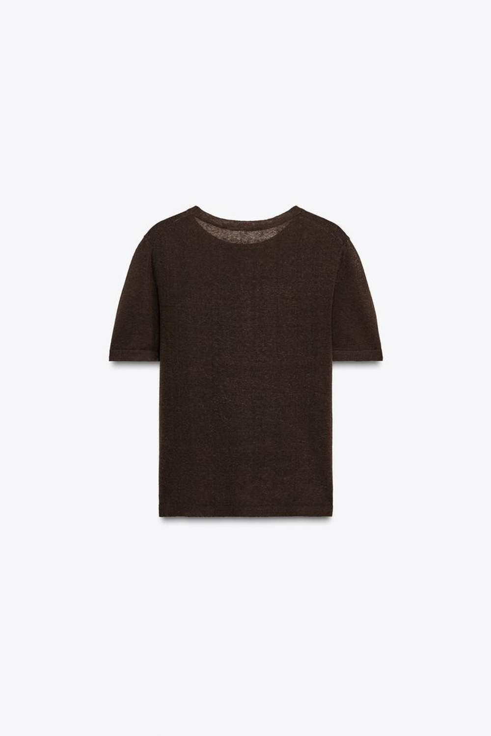 ZARA ТРИКОТАЖНЫЙ ТОП ИЗ ЛЬНА С КОРОТКИМИ РУКАВАМИ, ТЕМНО-КОРИЧНЕВЫЙ