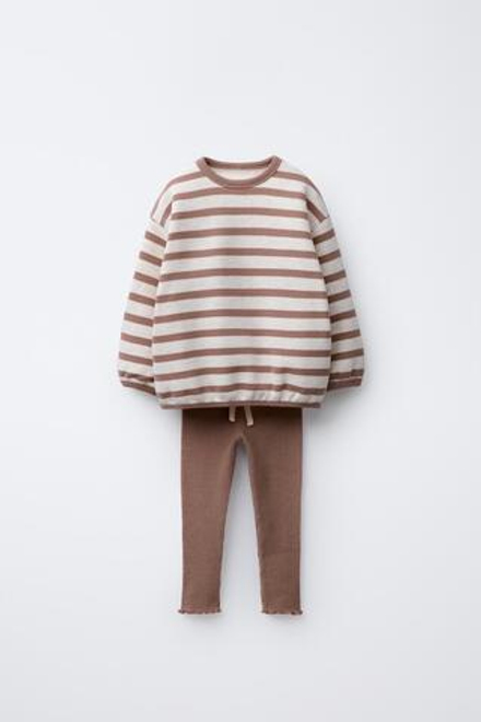 ZARA КОМПЛЕКТ ИЗ ПОЛОСАТОЙ ТОЛСТОВКИ И ЛЕГИНСОВ SOFT TOUCH, КОРИЧНЕВЫЙ МЕЛАНЖ