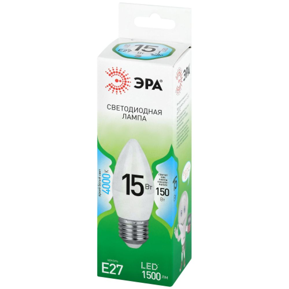 Лампа светодиодная ЭРА GREEN LINE LED B35-15W-840-E27 GL 15Вт свеча яркий белый свет E27 | Лампы cветодиодные Свеча (B/C)