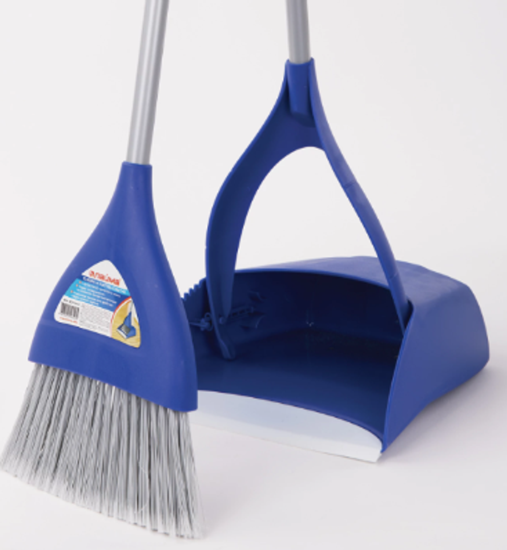 Совок для мусора КОМПЛЕКТ щетка + 2 рукоятки по 66 см металлические, резиновая кромка, синий, LAIMA