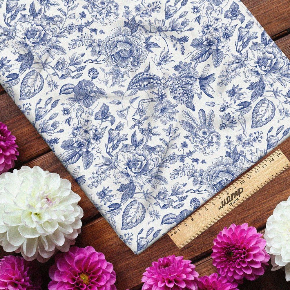 Ткань интерлок розы росписью гжель