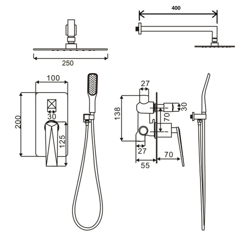 Boheme Смеситель встроенный + верхний душ + ручной душ Shine Gun Metall