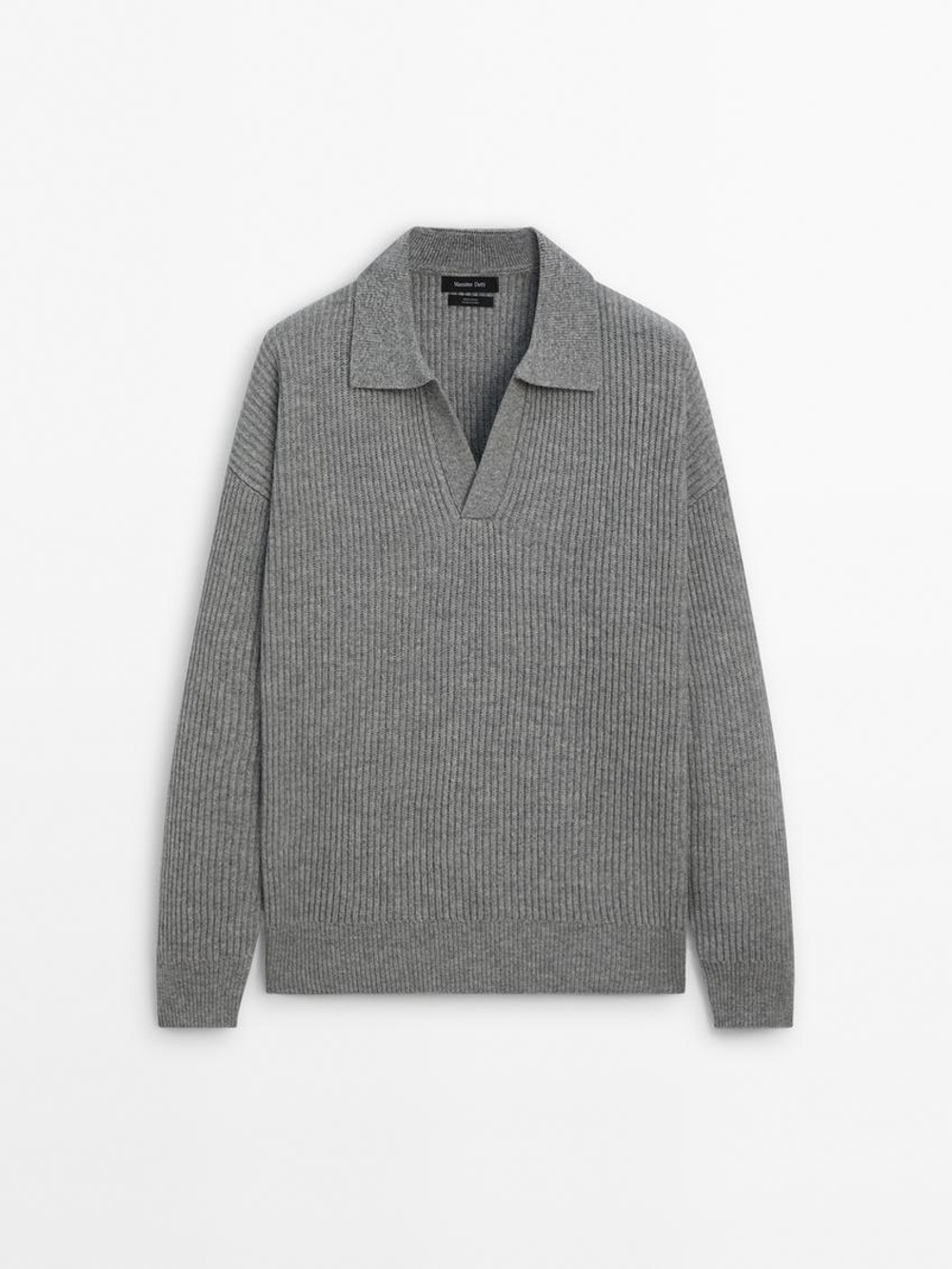 Massimo Dutti Свитер из шерстяного трикотажа с воротником-поло, серый