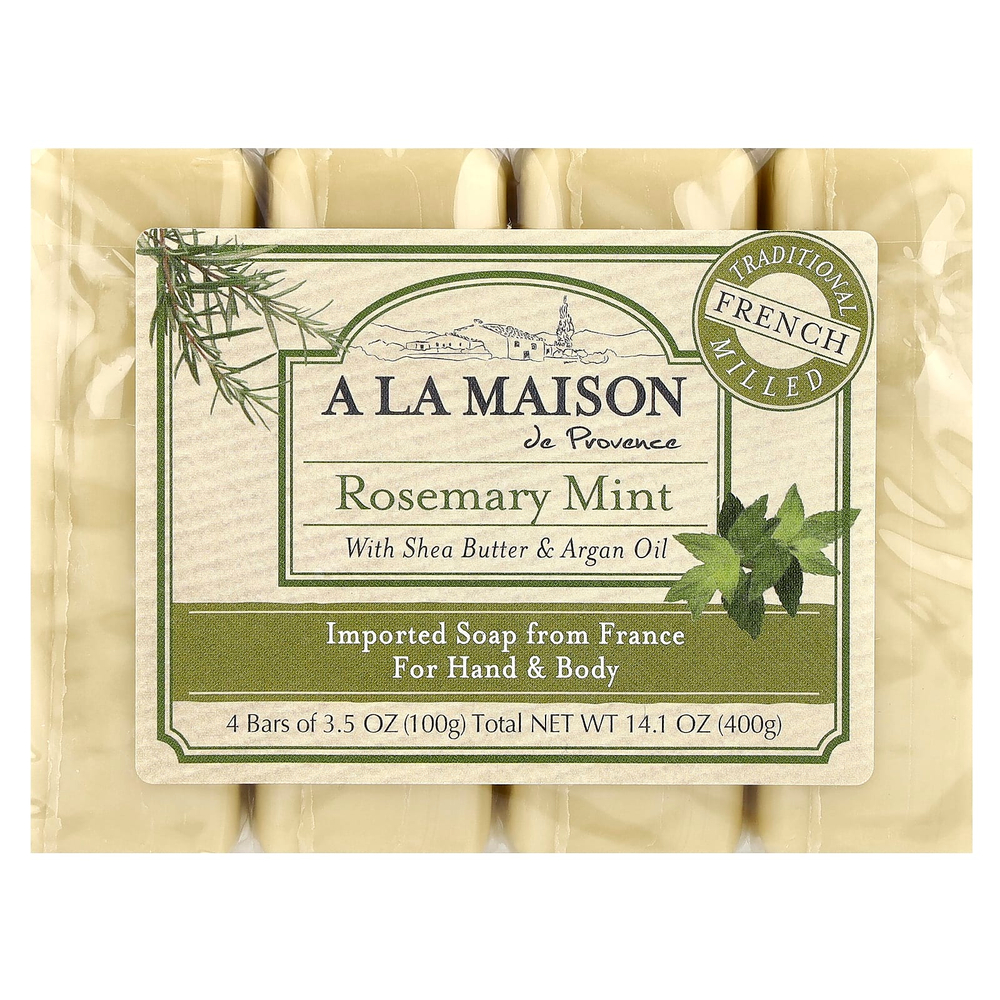 A La Maison de Provence, кусковое мыло для рук и тела, розмарин и мята, 4 шт. по 100 г (3,5 унции)