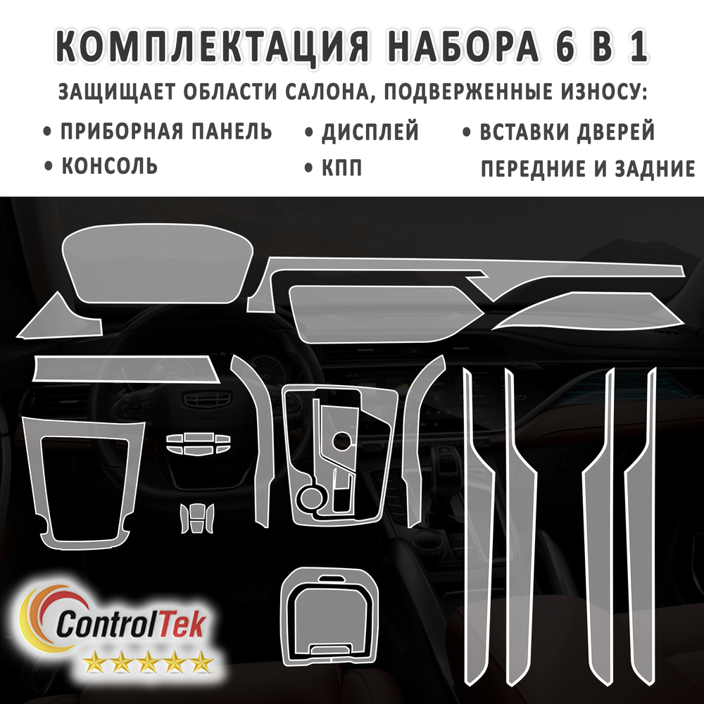 Geely Atlas Pro (2021) - комплект защитных пленок 6 в 1. Пленка защитная ControlTek HYBRID со слоем TOP COAT. Толщина: 6 mil. (175 мкм.)