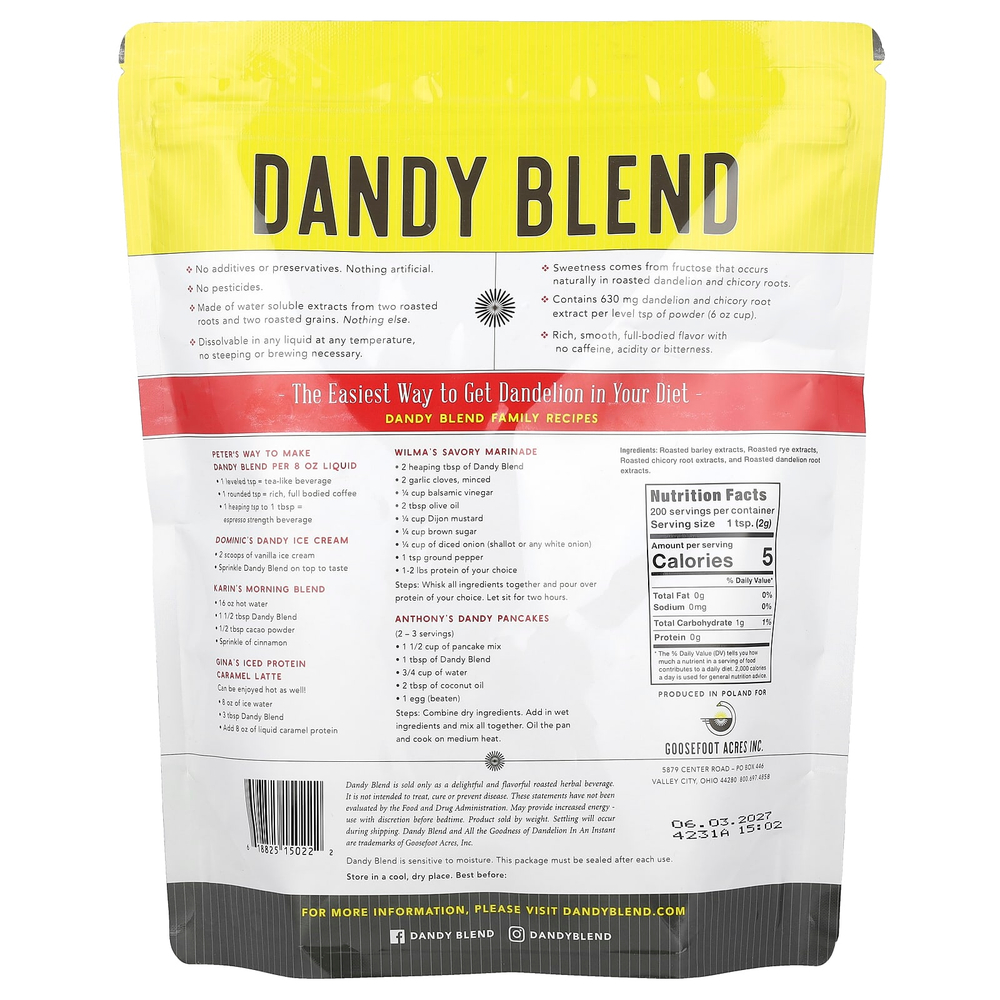Dandy Blend, травяной напиток быстрого приготовления с одуванчиком, без кофеина, 400 г (14,1 унции)
