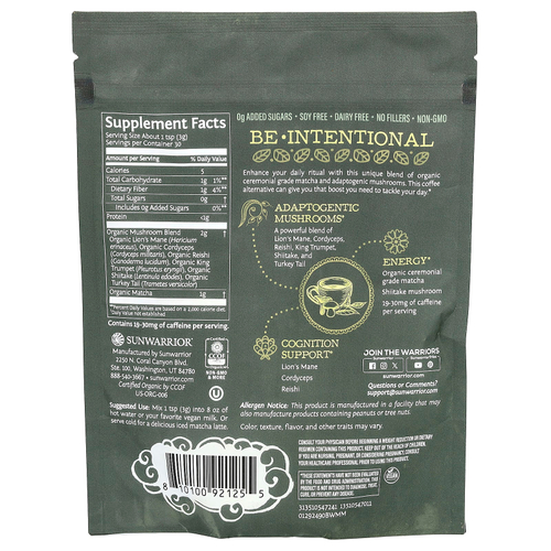 Sunwarrior, Органический матча и грибы, 90 г (3,17 унции)