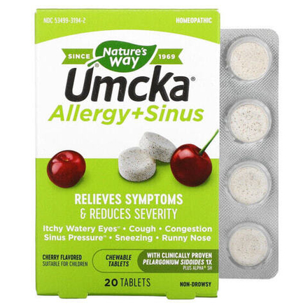 От аллергии Nature's Way, Umcka, Allergy + Sinus, вишня, 20 таблеток