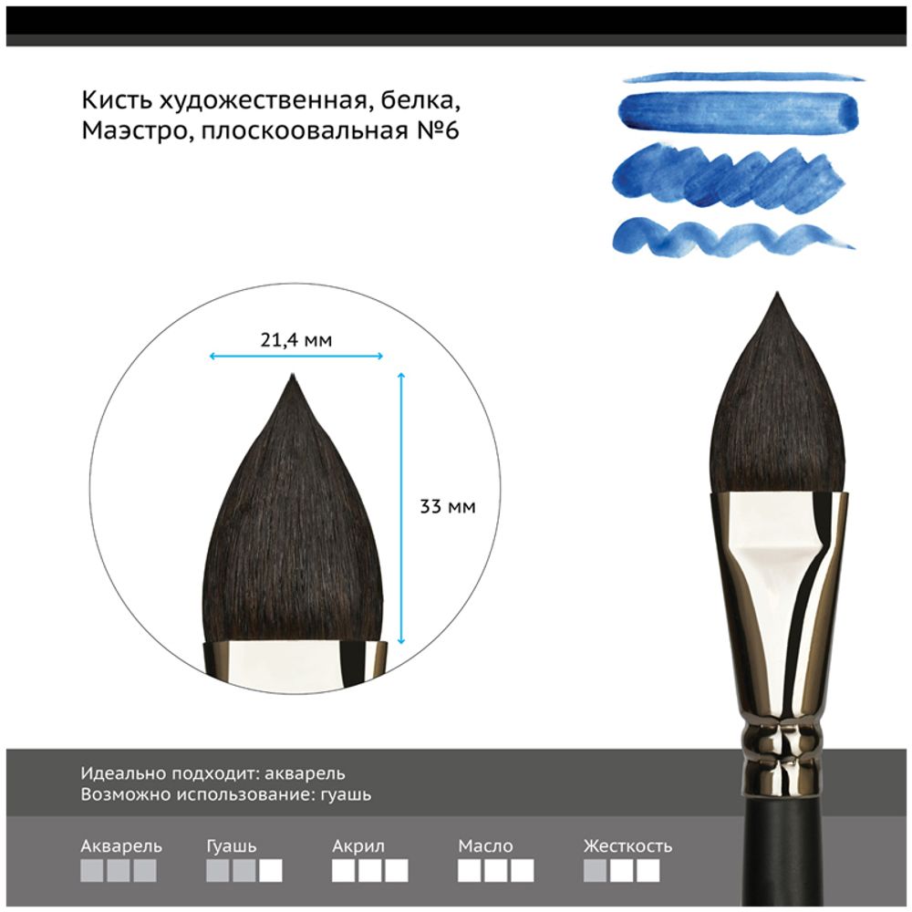 Кисть художественная белка Гамма "Маэстро", плоскоовальная №6