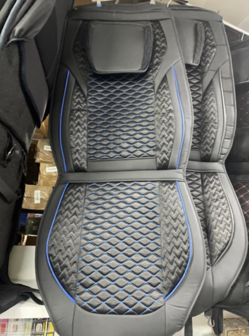 XX - 1001 Синий / Комплект чехлов на сиденья, ткань черная, строчка синяя, эко - кожа, 5 предметов, серия: покров (за комплект) Оптом