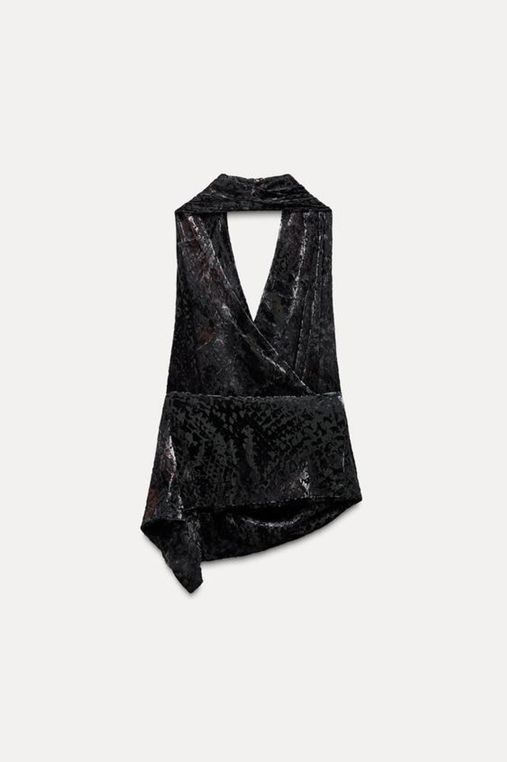 ZARA ТОП ИЗ БАРХАТИСТОЙ ТКАНИ С ГОРЛОВИНОЙ ХАЛТЕР, ЧЕРНЫЙ-КОРИЧНЕВЫЙ