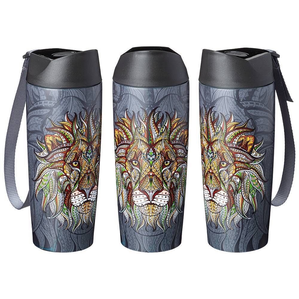 ТЕРМОКРУЖКА AGNESS "ЛЕВ" С КНОПКОЙ-СТОППЕРОМ, 360МЛ КОЛБА НЕРЖ.СТАЛЬ