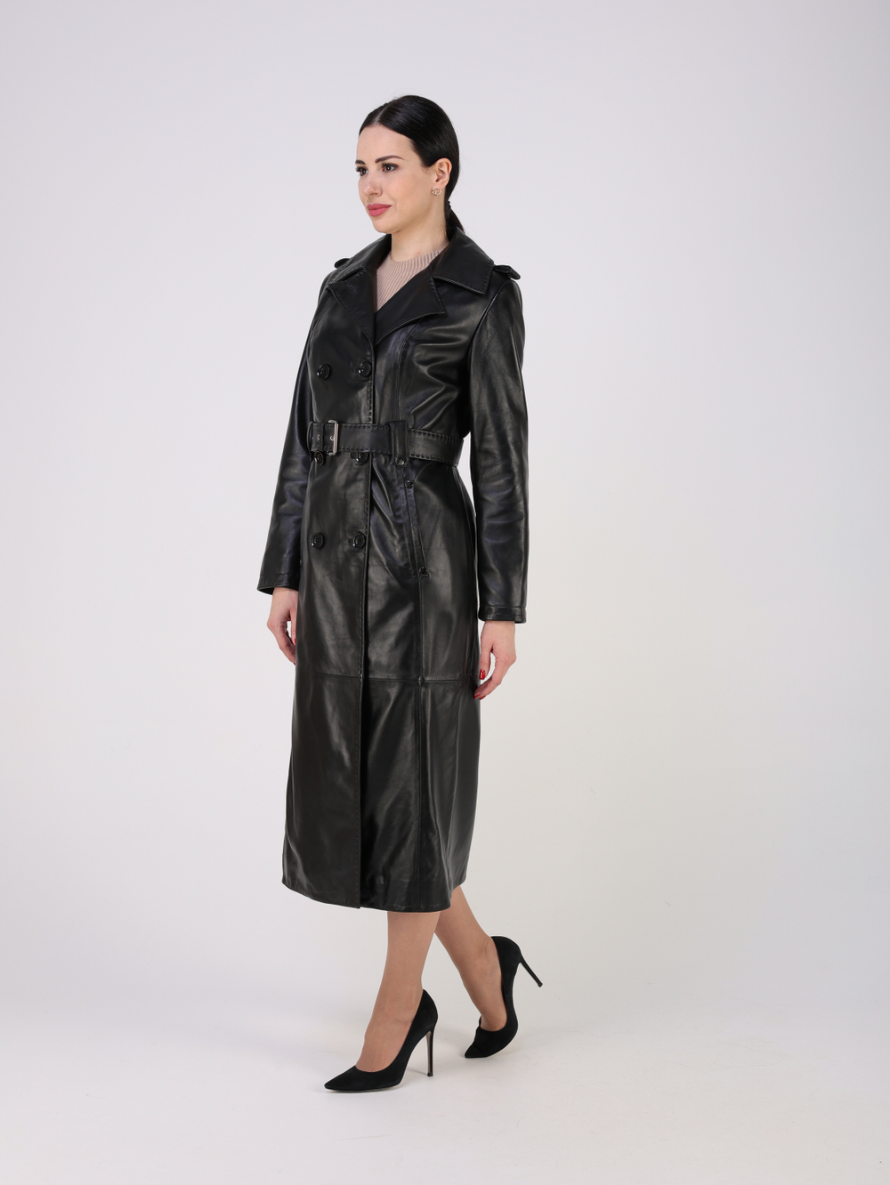 Тренч длинный кожаный с поясом плащ