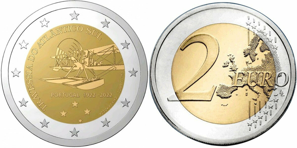 Португалия 2 евро, 2022 100 лет первому перелёту Южной Атлантики aUNC