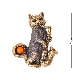 AM-3462 Брошь «Кот Саксофонист» (латунь, янтарь)