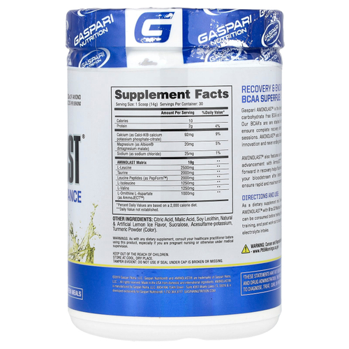 Gaspari Nutrition, Aminolast, Супертопливо BCAA, восстановление и выносливость, лимонный лед, 14,8 унц. (420 г)