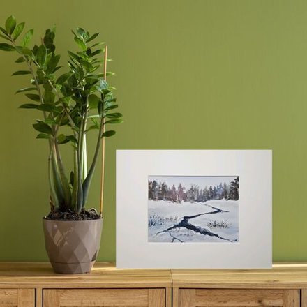 Картина авторская акварельная в паспарту 21х30 см на стену для интерьера "Зимний ручей"