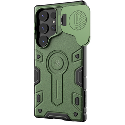Чехол зеленого цвета (Dark Green) от Nillkin на Samsung Galaxy S24 Ultra с откидной крышкой для камеры и и поддержкой беспроводной зарядки MagSafe, серия CamShield Armor Prop Magnetic