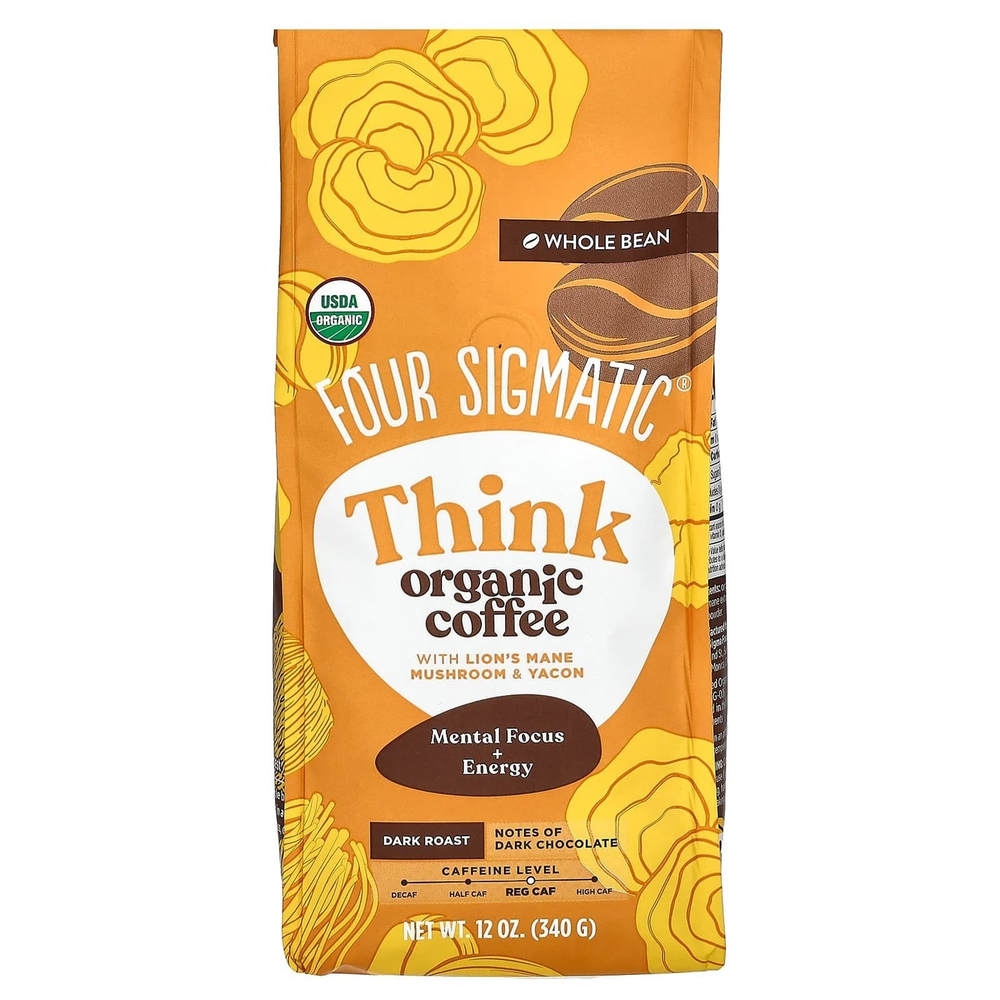 Four Sigmatic, Focus, органический кофе с грибом ежовиком гребенчатым и яконом, цельные зерна, темная обжарка, 283 г (10 унций)