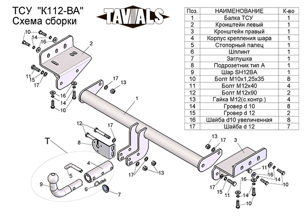 Фаркоп(прицепное) Tavials для KIA SPORTAGE (SL) 2010-2016 / HYUNDAI IX 35 (EL) 2010-2015 (С БЫСТРОСЪЕМНЫМ ШАРОМ)(паспорт и сертификат в комплекте)(без электрики)T-K112-BA