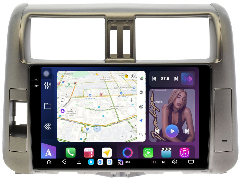 Магнитола для Toyota Land Cruiser Prado 150 2009-2013 (рамка бронза) - FarCar GX065M монитор 9.5" 2K QLED на Android 14, TS20, 6+128Гб, CarPlay, 4G SIM-слот