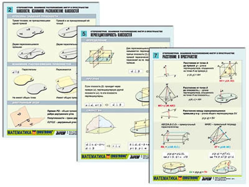 Таблицы раздаточные &quot;Стереометрия. Взаимное расположение фигур в пространстве&quot; (А4,8шт)