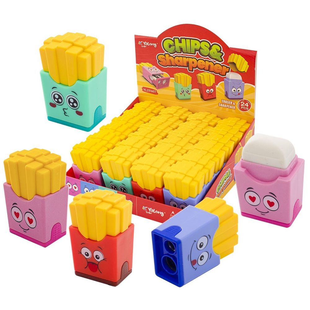 Точилка Yalong, пластиковая с ластиком и контейнером, "Чипсики", 2 отверстия, 24 шт в карт упак