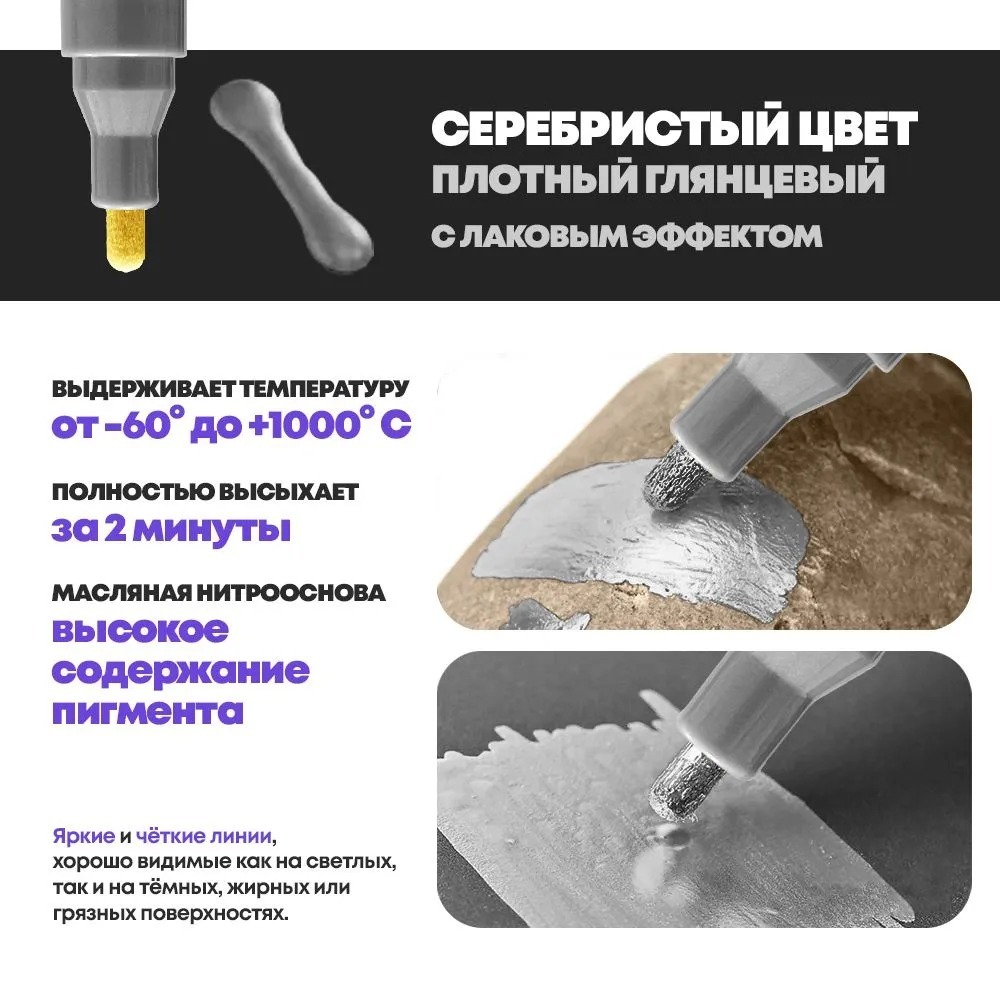 Маркер-краска перманентный серебряный, набор 3 шт, MC-Basir, несмываемый лаковый водостойкий фломастер строительный (по металлу, пластику, стеклу), для граффити и теггинга, наконечник 5 мм