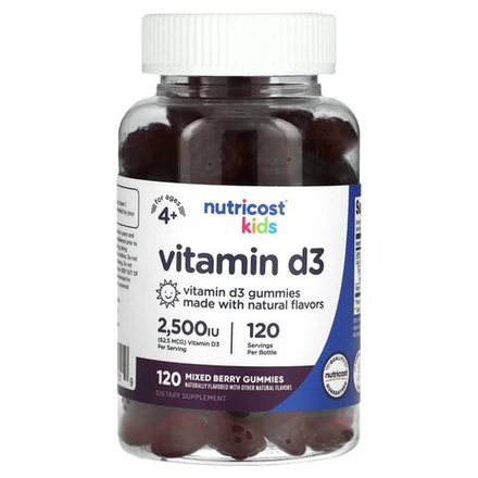 Nutricost, Для детей, витамин D3, для детей от 4 лет, ягодное ассорти, 62,5 мкг (2500 МЕ), 120 жевательных таблеток
