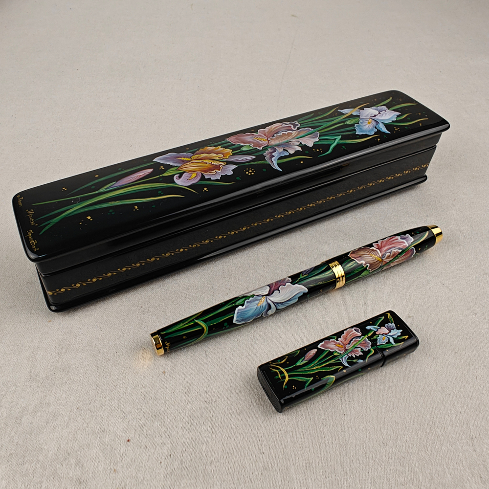 Набор "Ирисы" пенал, флешка и ручка Parker с ручной росписью Палех в футляре