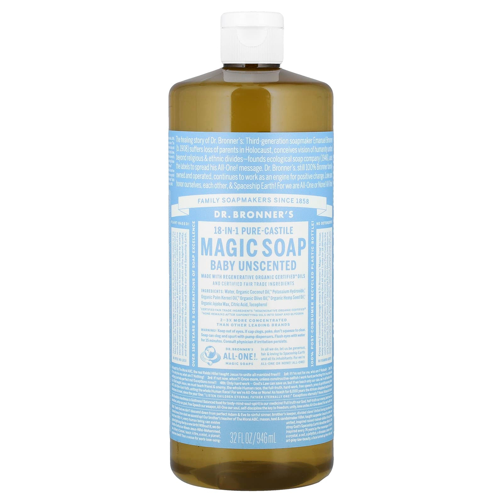 Dr. Bronner's, Чистое кастильское волшебное мыло 18 в 1, детское, без запаха, 946 мл (32 жидк. Унции)