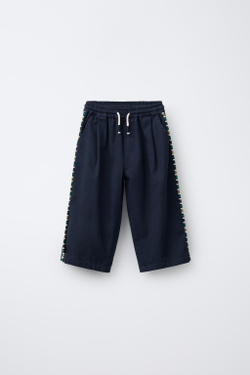 ZARA БРЮКИ-КЮЛОТЫ С БОКОВОЙ ВЫШИВКОЙ, МОРСКОЙ СИНИЙ