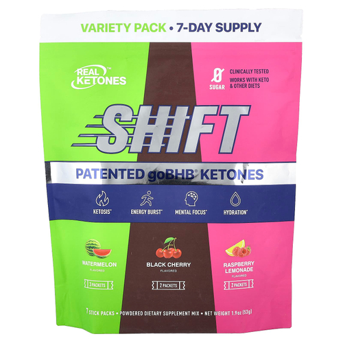 Real Ketones, Shift, набор разных вкусов, арбуз, черная вишня, малиновый лимонад, 7 порционных стиков, 53 г (1,9 унции)