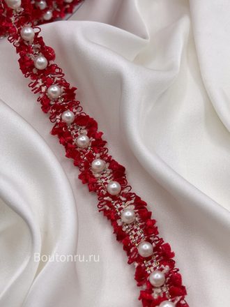Тесьма красная с жемчугом 17 мм