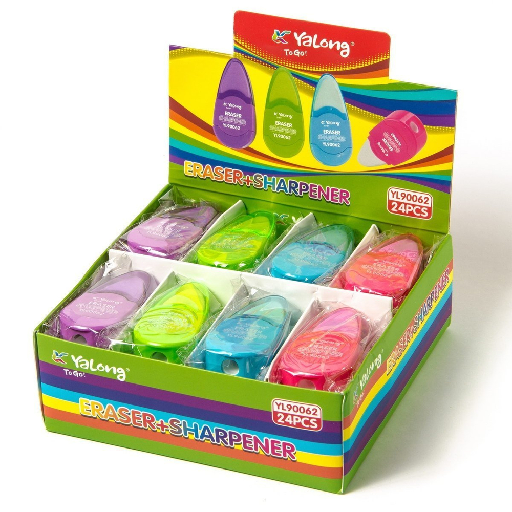 Точилка пластиковая с ластиком Yalong, 1 отверстие, контейнер, ассорти, картонная упаковка