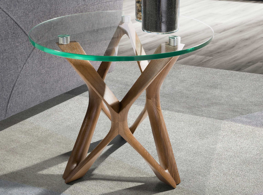 Круглый приставной столик 2127/LT17192 из закаленного стекла и ореха