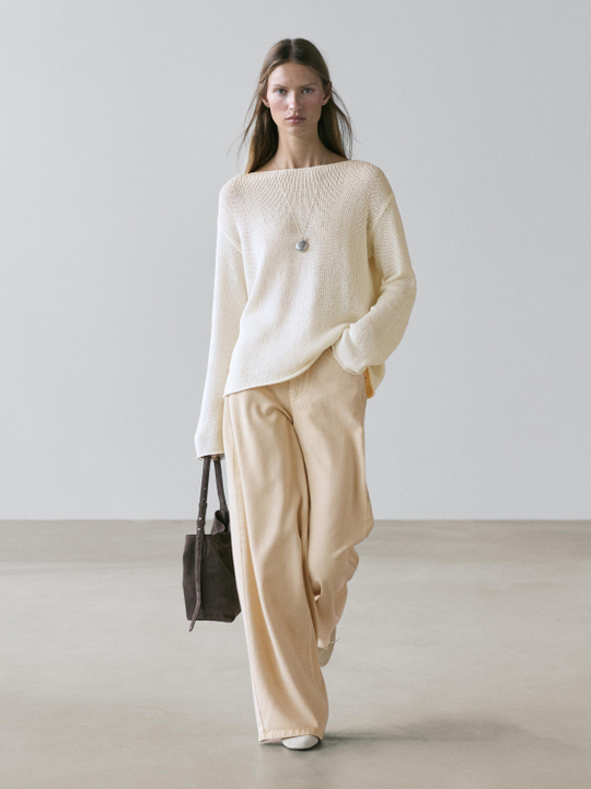 Massimo Dutti Свитер из смесового хлопка с ажурным узором, натуральный/кремовый