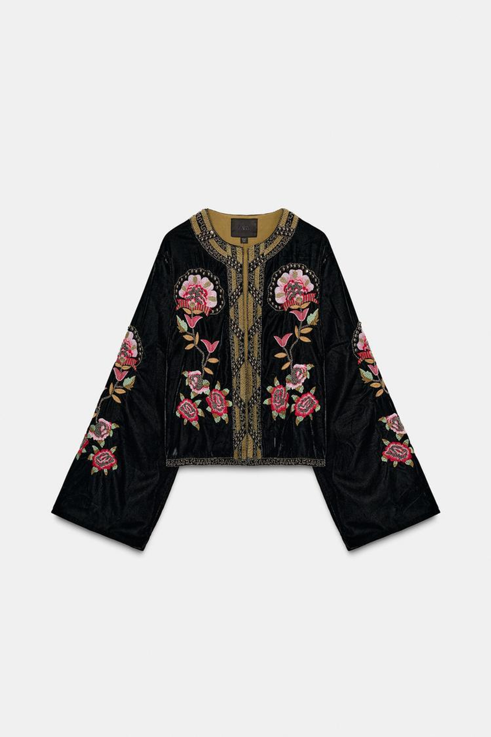 ZARA БАРХАТНАЯ КУРТКА С ВЫШИВКОЙ ЦВЕТОВ И БУСИН, ЧЕРНЫЙ