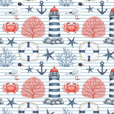 Морской акварельный с маяками (полосатый)