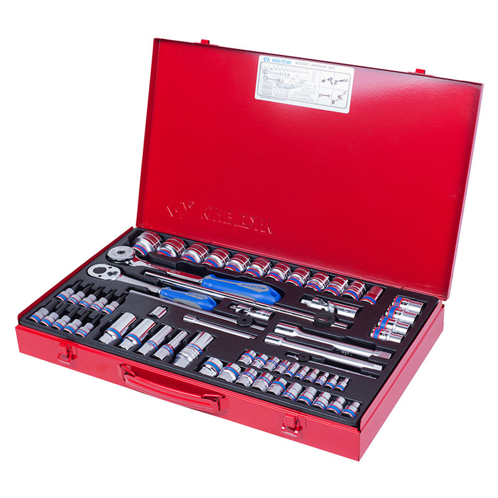 KING TONY (9563MR01) Набор торцевых головок с принадлежностями 1/4"+3/8"+1/2", 6-гранные, 4-32 мм, 62 предмета