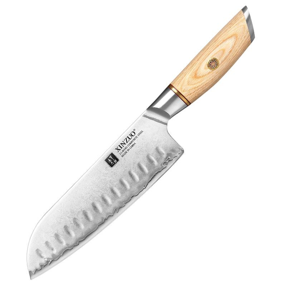 Кухонный нож Xinzuo B37S Santoku нож 7 дюймов клинок 3 Layers Composite рукоять дерево pakka, длина лезвия 18,2 см